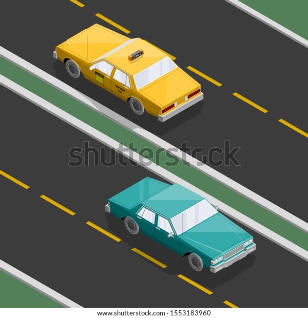 Flat 3D isometric yellow taxi cab model. City\
transport car traffic road. Sedan taxi motor car. Urban classic\
motor vehicle. Auto infographic traffic route. isometric automobile\
street