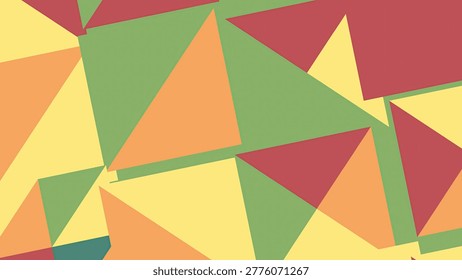 Flat abstract composition with overlapping triangles in muted red, green, yellow, and orange tones on a clean white framed canvas.