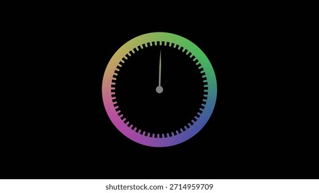 Flat analog clock with rainbow gradient frame on a black background showing the hour hand at twelve oclock with minute ticks