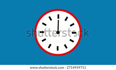 Flat analog clock with red border showing twelve oclock on a teal background with simple hour and minute hands