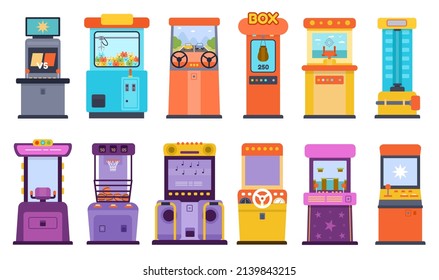 Flat Arcade Game Machines And Toy Crane Claw Grabber. Gamble Electronic Devices For Kids. Gaming Consoles And Carnival Amusement  Set. Illustration Of Arcade Grabber Toys