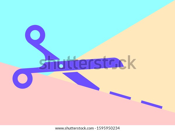Flat art design graphic icon of\
scissors with cutting line on pink and blue pastel\
background