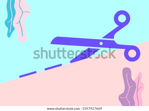 Flat art design graphic icon of
scissors with cutting line on pink and blue pastel
background