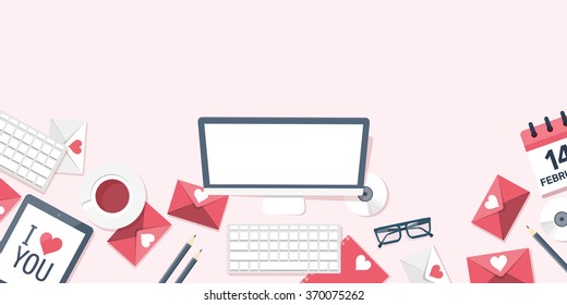 Flat background with computer, laptop. Love, hearts. Valentines day. Be my valentine. 14 february.  Message.