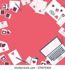 Flat background with computer, laptop. Love, hearts. Valentines day. Be my valentine. 14 february.  Message.