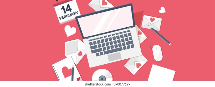  Flat background with computer, laptop. Love, hearts. Valentines day. Be my valentine. 14 february.  Message.