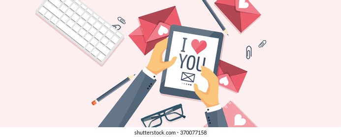 Flat background with tablet. Love, hearts. Valentines day. Be my valentine. 14 february. - Shutterstock ID 370077158