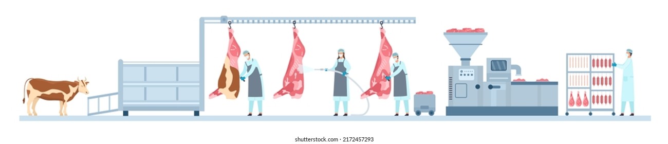 Flat Beef Meat Production Automated Machinery Factory Line. Farmer Sausages Manufacture. Cow Meat Industry Butchery Process  Concept. Industrial Equipment To Produce Food For Sale