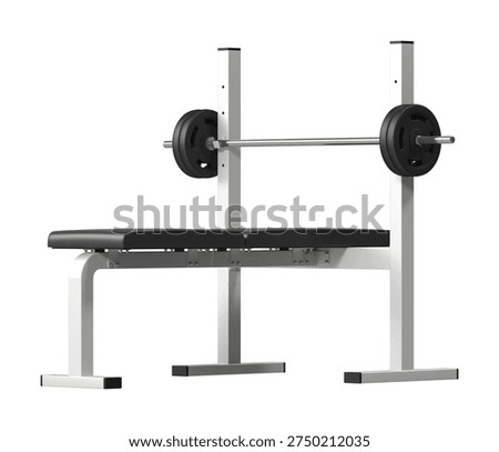 Flat Bench Press with Barbell Front Perspective View, White Frame 3D Render Isolated