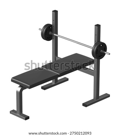 Flat Bench Press with Barbell Front Isometric View, Black Frame 3D Render Isolated