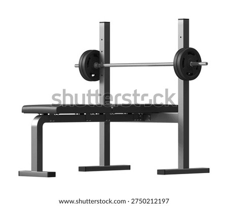 Flat Bench Press with Barbell Front Perspective View, Black Frame 3D Render Isolated