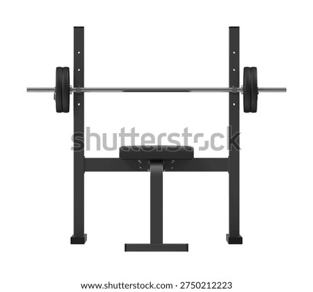 Flat Bench Press with Barbell Front View, Black Frame 3D Render Isolated