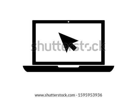 flat black laptop icon with cursor or pointer  isolated on white. Concept of using screen mobile computer or search click mouse for website. 
