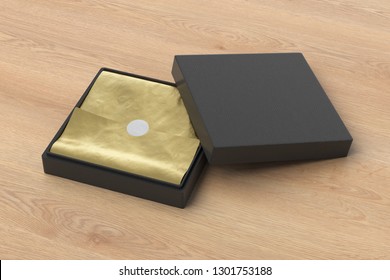 Flat  black leather square box with golden wrapping paper on wooden background. 3d illustration