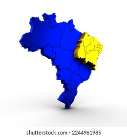Flat Blue Three-dimensional 3d map of Brazil with Region. North East. Regiao Nordeste 