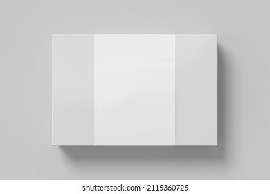 Flat Box Mock Up With Blank Paper Cover Label: White Gift Box On White Background. View Above. 3d Illustration