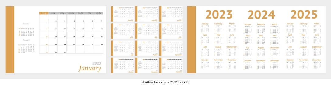 Flat calendar for 2023, 2024, 2025. Diary-planner in a minimalist style. Corporate and business calendar. 2023 calendar in minimal table and mustard event planner, week starts on sunday.	
 - Powered by Shutterstock