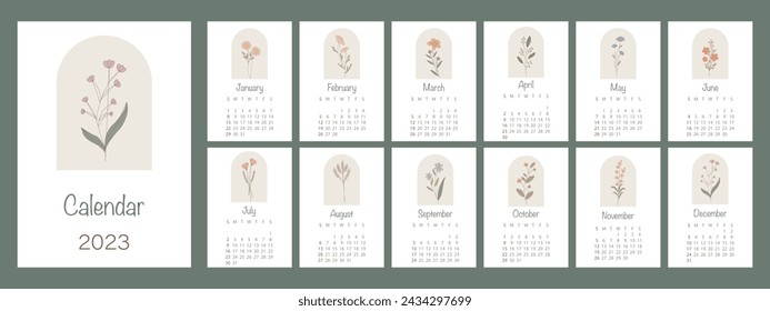 Flat calendar 2023. Floral design. The week starts on Sunday. A wall or table calendar in a minimalist style.	
 - Powered by Shutterstock