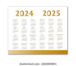 Flat calendar for 2024 and 2025 in minimalist style. Corporate and business calendar of golden color. The week starts on Sunday.	
 - Powered by Shutterstock