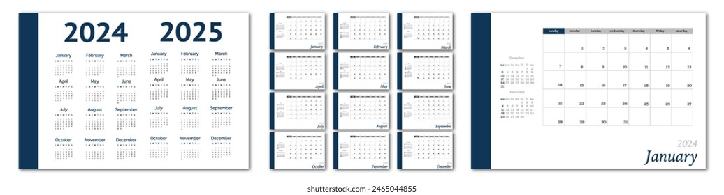 Flat calendar for 2024 in minimalist style. Corporate and business calendar in blue color. The week starts on Sunday.	 - Powered by Shutterstock