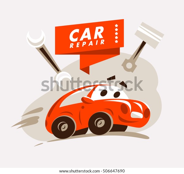 Flat\
car repair service emblem design. Auto repair logo template.\
Cartoon style. Garage logo. Red car\
illustration.