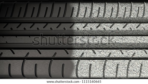 A flat car tire tread made\
of regular rubber that morphs into a tread made from asphalt - 3D\
render