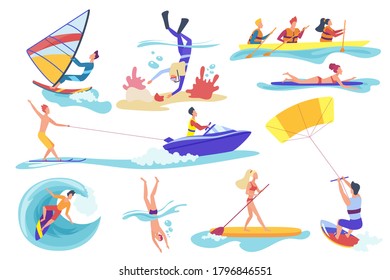 Flat cartoon different female male involved in water sports activities isolated on white background. Happy people swimming diving underwater, riding banana, kite surfing kayaking,  illustration. - Powered by Shutterstock