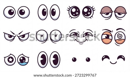 Flat Cartoon Eye Vector Set with Cute Expressions and Various Shapes for Animation and Character Design