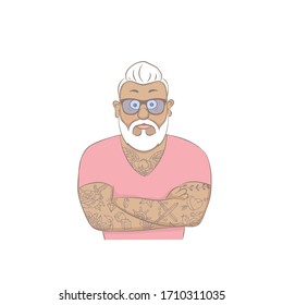 Flat Cartoon Hipster Character, Old Man With Tattoo.