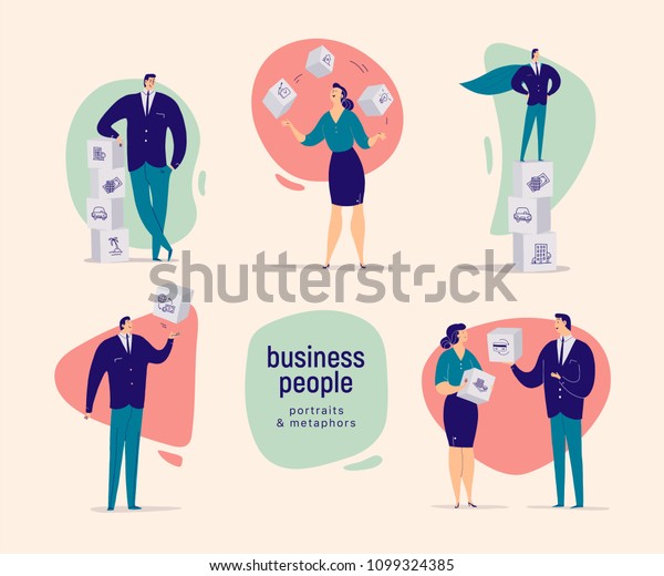 Flat cartoon illustration with business\
people office characters isolated on light background. Different\
business situation metaphors - achievements, planning, motivation,\
growth,\
partnership.