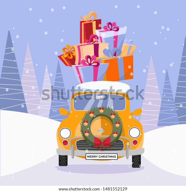 Flat cartoon illustration of retro car with\
presents and christmas tree on the top. Little classic yellow car\
carrying gift boxes on its rack. Vehicle is located in front,\
decorated with\
wreath