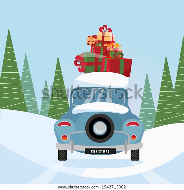 Flat cartoon illustration of retro car with\
present on the roof. Little classic blue car carrying gift boxes on\
its rack. Vehicle back decorated with wheel, car rear\
view.Snow-covered\
landscape