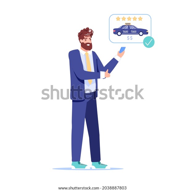 Flat cartoon man character order taxi with mobile\
app, illustration\
concept
