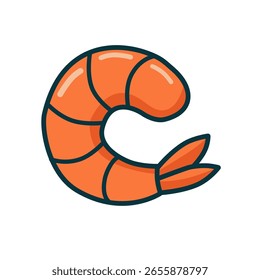 Flat cartoon shrimp vector icon in orange with clean outline. Perfect for seafood, culinary, or menu-related themes.