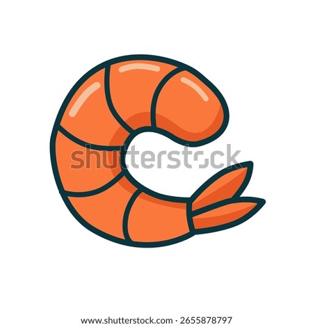 Flat cartoon shrimp vector icon in orange with clean outline. Perfect for seafood, culinary, or menu-related themes.