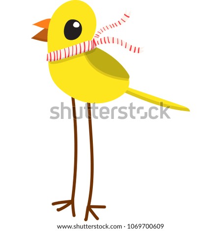  flat cartoon style yellow bird in stripey scarf and long legs. Isolated on white background