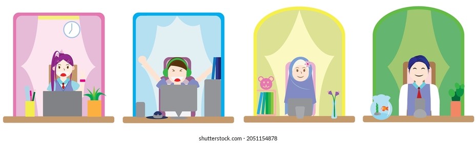 flat character design students study online at home