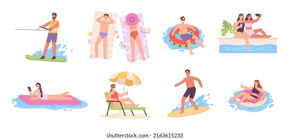 Flat characters enjoying summer, sunbathe on lounger and lay at swim rings. Women in swimming pool. Men surfer. Tourists activity  set. People having rest, relaxing with cocktail - Powered by Shutterstock