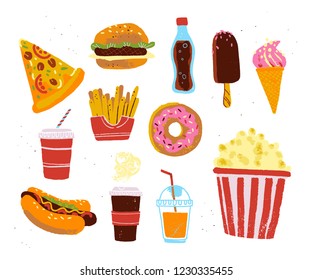 Flat collection of fast food meal objects - pizza, burger, donut, coffee, popcorn, fries isolated on white textured background. Hand drawn sketch style. Good for menu design, chalkboard drawing