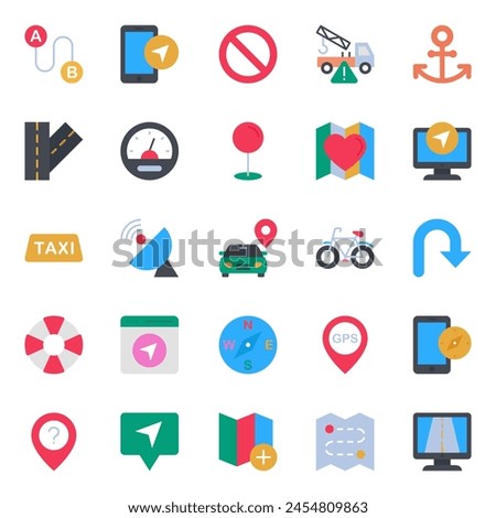 Flat color icons set for Map and navigation.