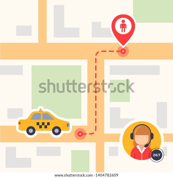 flat color illustration of a map with a top view\
with taxi icons and a passenger label. dashed line path route. Use\
for banner, poster.
