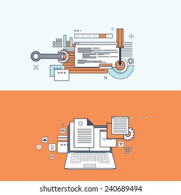 Flat computing background. Programming and coding. Web development and search. Search engine optimization. Innovation and technologies. Mobile app.