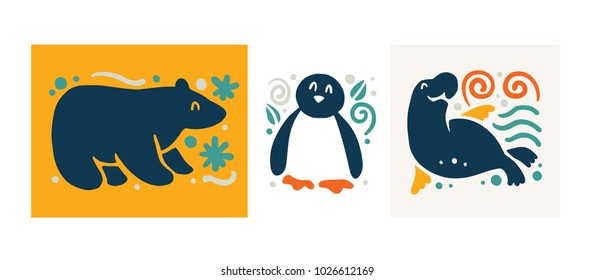 Flat Cute Funny Hand Drawn North Animal Silhouette Isolated On White Background - Polar Bear, Pigeon And Seal. Perfect For Children Goods Shop Logo, Kid Clothes And Accessory Prints, Zoo Logo