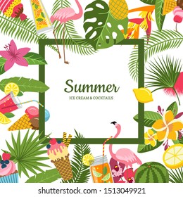 flat cute summer cocktails, flamingo, palm leaves background - Powered by Shutterstock