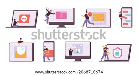 Flat cyber thief and hacker characters stealing personal data. Criminal spy phone, steal password and money card. Computer attack  set. Illustration of thief internet laptop and smartphone