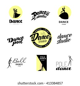 Flat dance studio logo. Dancing people icon. Human portrait. Stamp. Human figure. Dancing lady. Ballet, pole dance. Ball room dancing school insignia. Modern street dance.