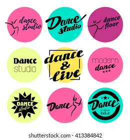 Flat dance studio logo. Dance flat emblem set isolated on white background. Human figure. Modern dance center. Pole dance. Ball room dance. Dancing school insignia. Hand written font, lettering.