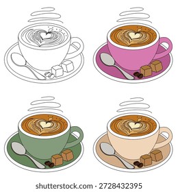 Flat Design Coffee Mug Set. Four Minimalist Cozy Illustrations for Web, App, Print