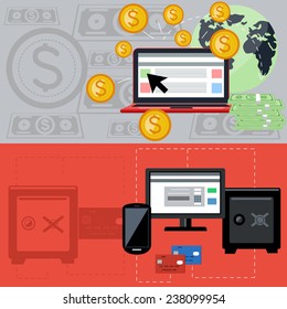 Flat design concept of e-banking and pay per click internet advertising. Raster version