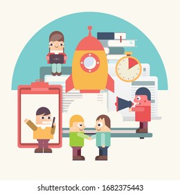 Flat Design Concept Startup Launch of New Business - Cartoon People are Building Spaceship Rocket.  Illustration for Web Page, Website, Banner, Social Media and Landing Page.